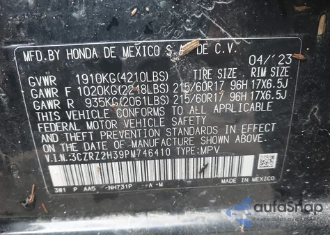 2023 Honda Hr-V Lx from USA, damaged, VIN 3CZRZ2H39PM746410